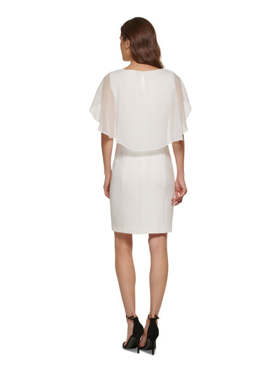 DKNY Womens Ivory Zippered Sheer Capelet Lined Flutter Sleeve Crew Neck Above The Knee Party Sheath Dress 4