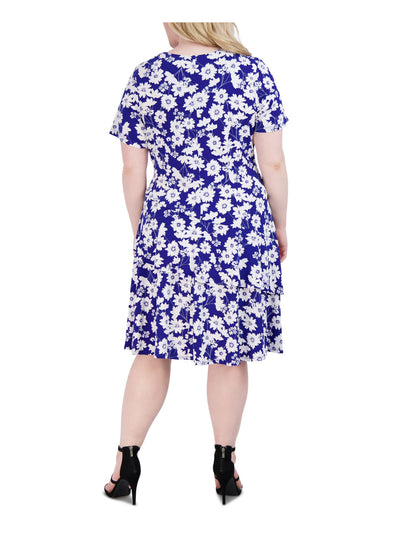 SIGNATURE BY ROBBIE BEE Womens Blue Floral Short Sleeve Surplice Neckline Below The Knee Fit + Flare Dress Plus 2X