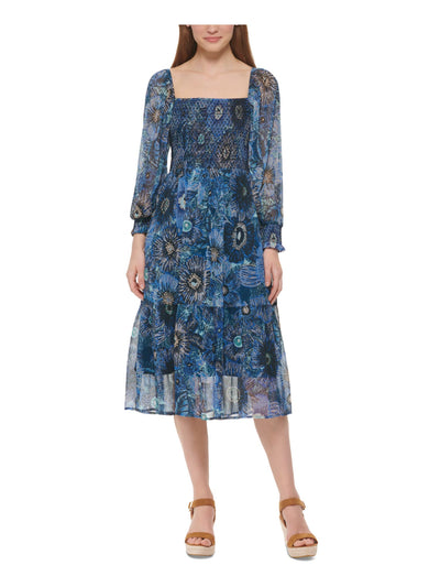 VINCE CAMUTO Womens Blue Smocked Pullover Lined Printed Pouf Sleeve Square Neck Midi Wear To Work Fit + Flare Dress 4