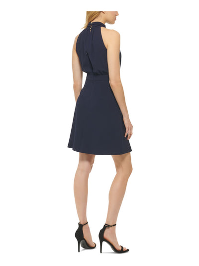VINCE CAMUTO Womens Navy Zippered Pocketed Keyhole Back Lined Sleeveless Tie Neck Above The Knee Wear To Work Fit + Flare Dress 16