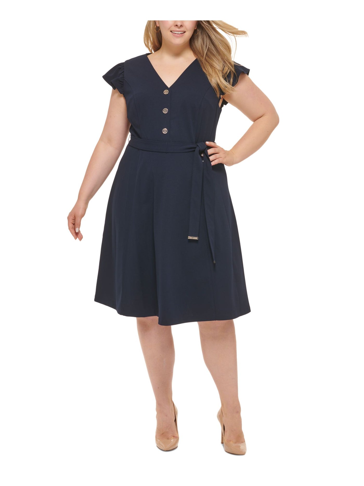 TOMMY HILFIGER Womens Navy Zippered Belted Logo Buttons Flutter Sleeve V Neck Above The Knee Wear To Work Fit + Flare Dress 16W