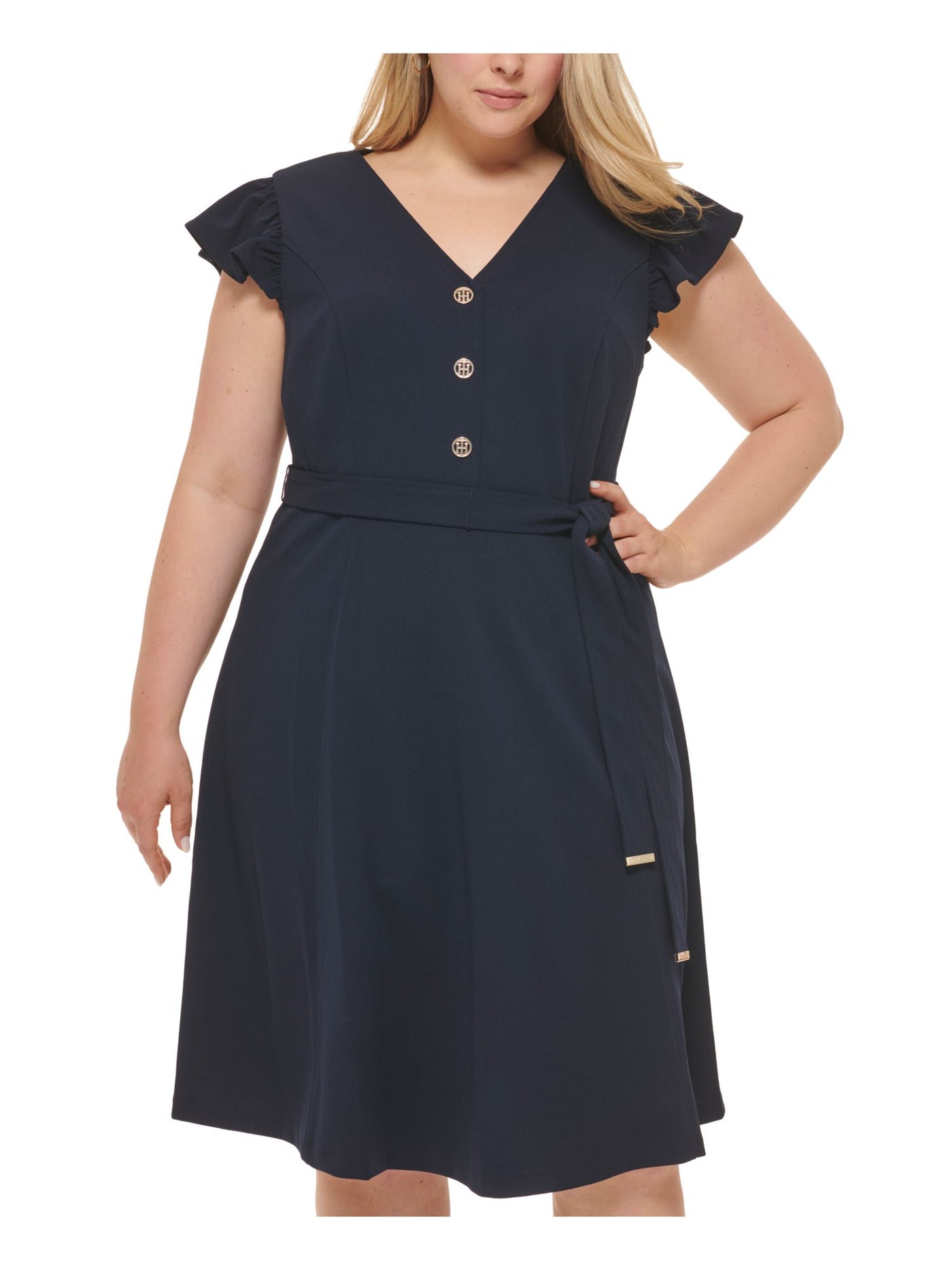 TOMMY HILFIGER Womens Navy Zippered Belted Logo Buttons Flutter Sleeve V Neck Above The Knee Wear To Work Fit + Flare Dress 16W