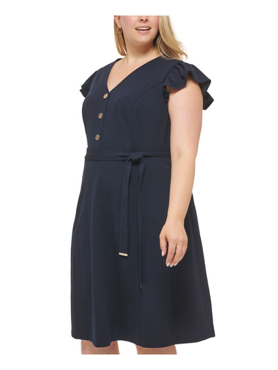 TOMMY HILFIGER Womens Navy Zippered Belted Logo Buttons Flutter Sleeve V Neck Above The Knee Wear To Work Fit + Flare Dress Plus 20W