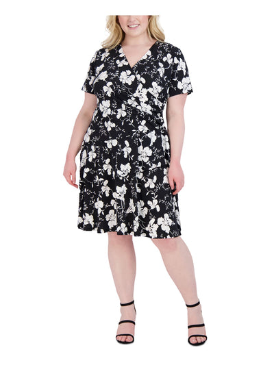 SIGNATURE BY ROBBIE BEE Womens Black Pleated Asymmetrical Tiers Pullover Floral Short Sleeve Surplice Neckline Knee Length Wear To Work Fit + Flare Dress Plus 3X