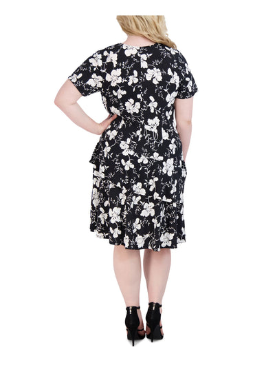 SIGNATURE BY ROBBIE BEE Womens Black Pleated Asymmetrical Tiers Pullover Floral Short Sleeve Surplice Neckline Knee Length Wear To Work Fit + Flare Dress Plus 3X