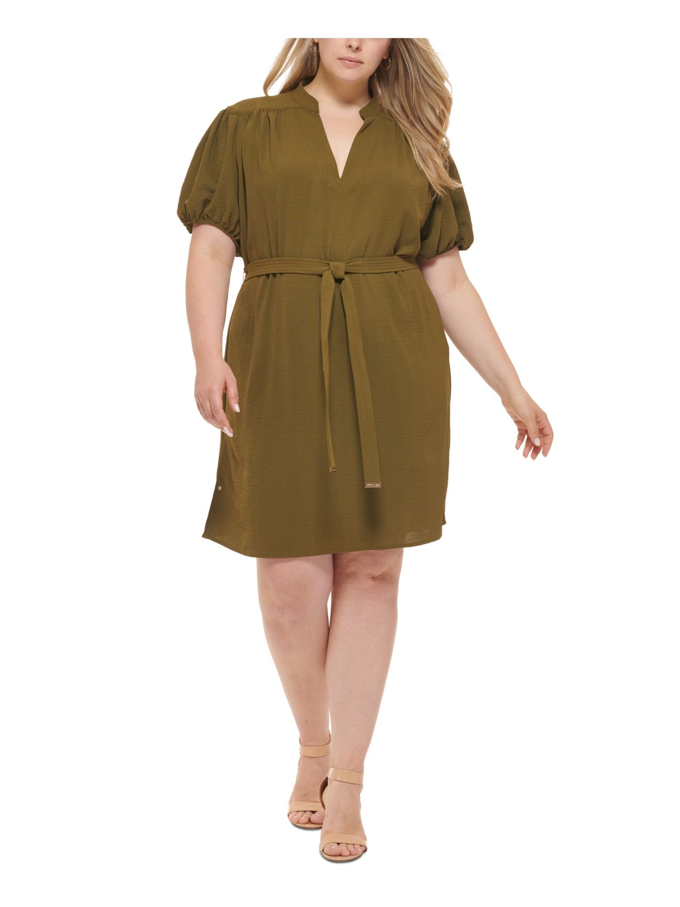 TOMMY HILFIGER Womens Green Gathered Self-tie Belt Slitted Hems Pouf Sleeve Split Above The Knee Fit + Flare Dress Plus 18W