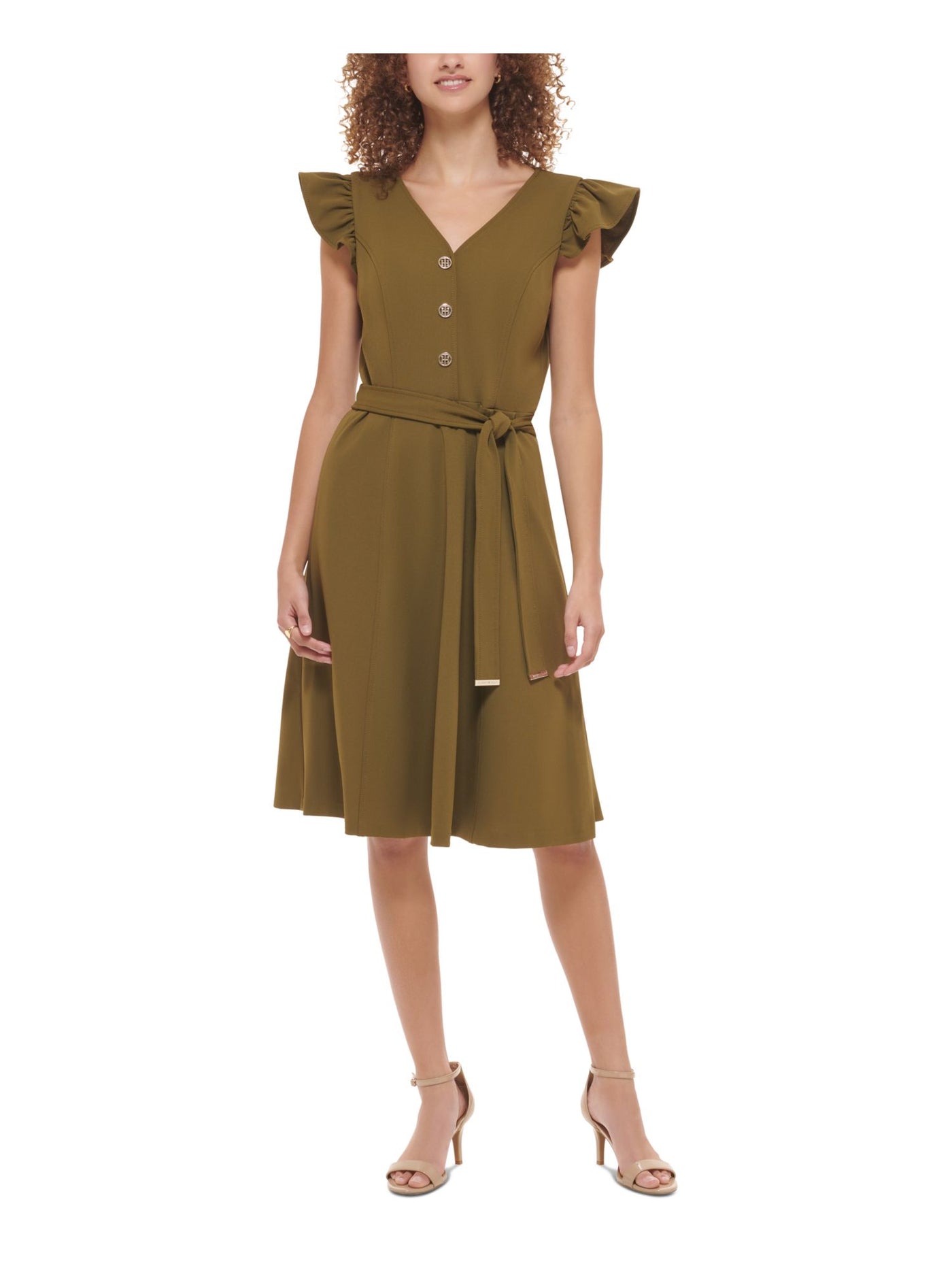 TOMMY HILFIGER Womens Green Zippered Ruffled Logo Button Detail Tie Belt Flutter Sleeve V Neck Knee Length Fit + Flare Dress 8