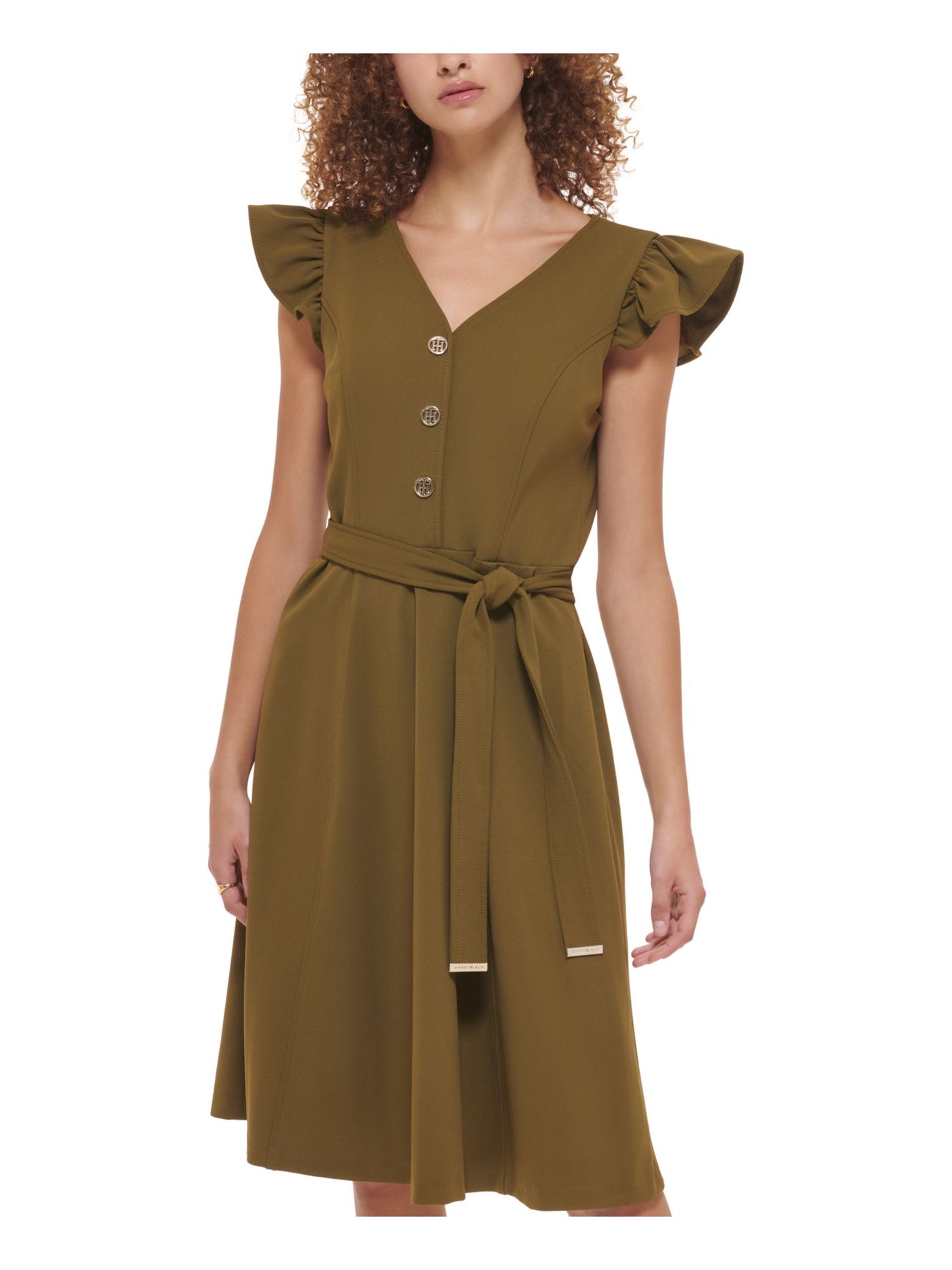 TOMMY HILFIGER Womens Green Zippered Ruffled Logo Button Detail Tie Belt Flutter Sleeve V Neck Knee Length Fit + Flare Dress 8