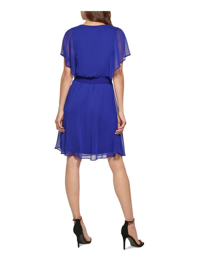 DKNY Womens Blue Smocked Sheer Lined Pullover Flutter Sleeve V Neck Knee Length Fit + Flare Dress 6