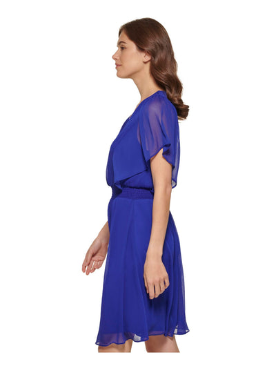 DKNY Womens Blue Smocked Sheer Lined Pullover Flutter Sleeve V Neck Knee Length Fit + Flare Dress 6