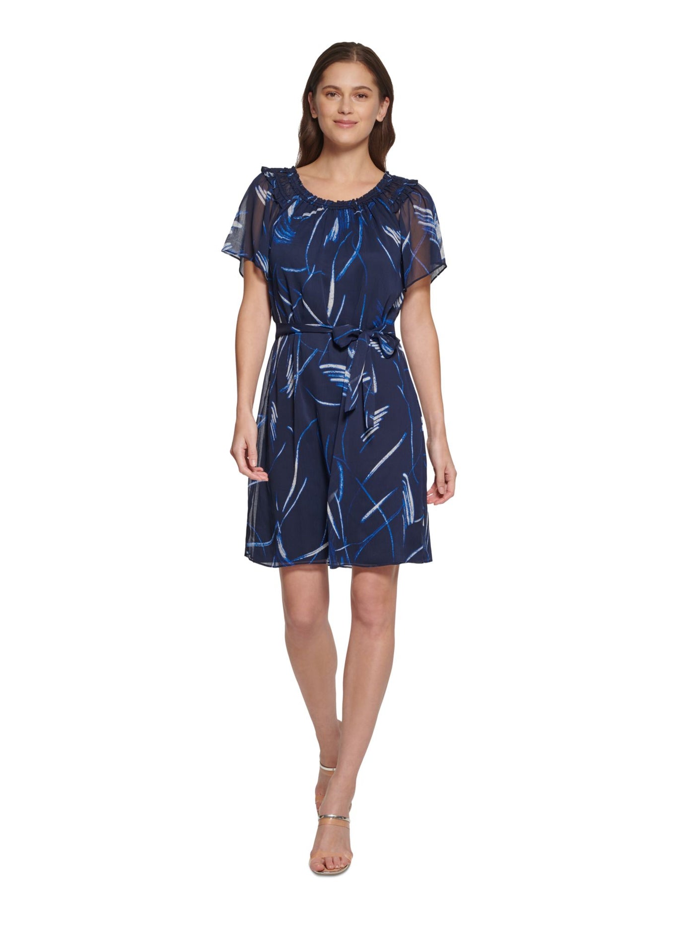 DKNY Womens Navy Ruffled Sheer Tie Belt Lined Printed Short Sleeve Scoop Neck Above The Knee Fit + Flare Dress 16