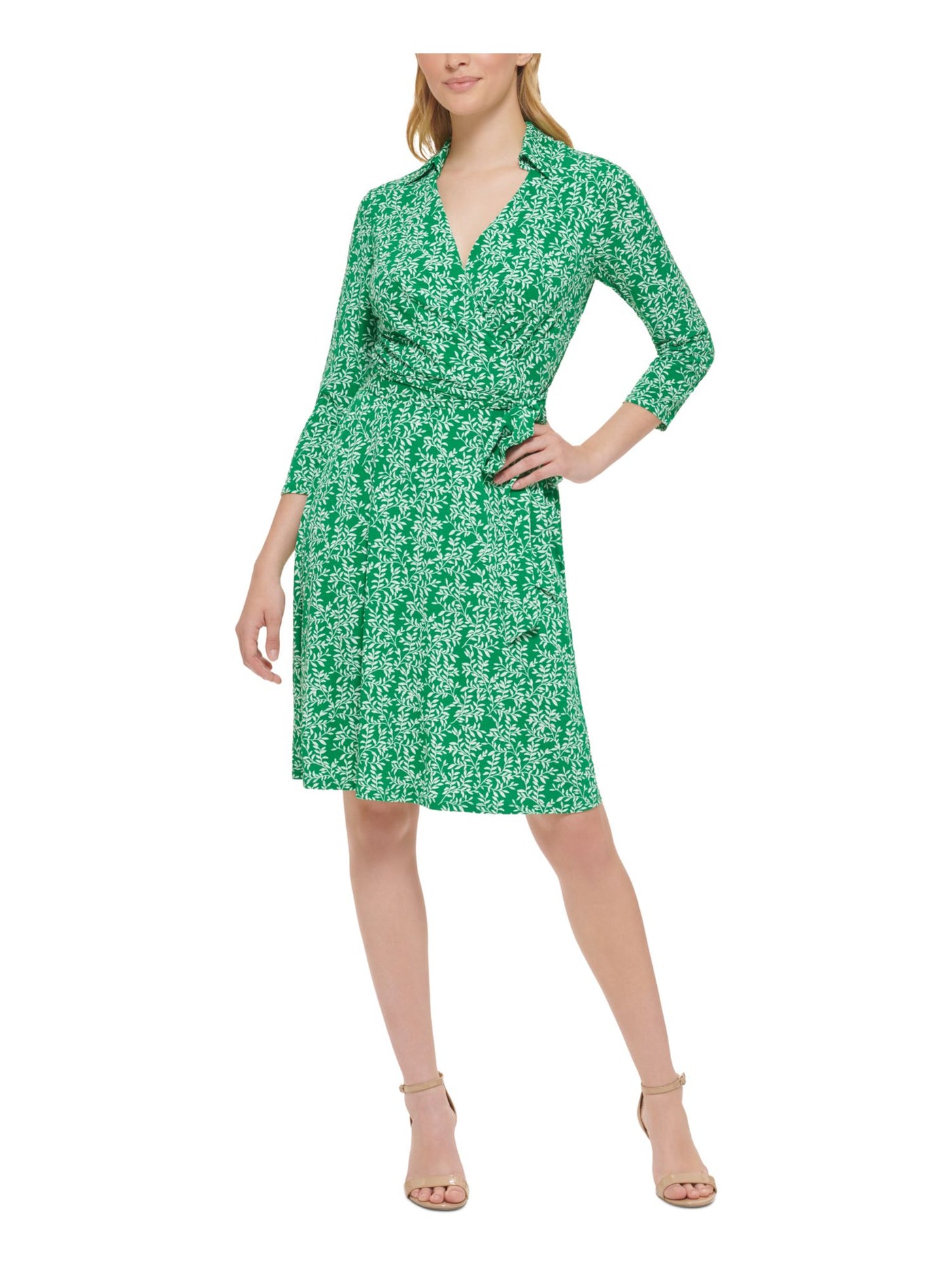 JESSICA HOWARD Womens Green Printed 3/4 Sleeve Point Collar Knee Length Wear To Work Faux Wrap Dress 16