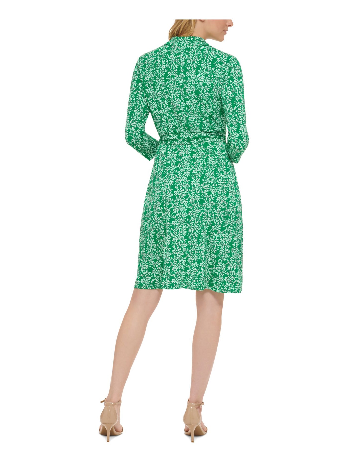 JESSICA HOWARD Womens Green Printed 3/4 Sleeve Point Collar Knee Length Wear To Work Faux Wrap Dress 16