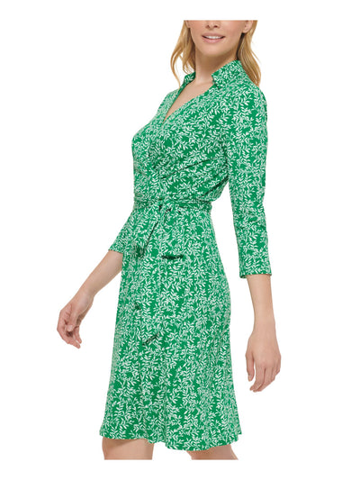 JESSICA HOWARD Womens Green Zippered Belted Collared Lined Printed 3/4 Sleeve V Neck Above The Knee Wear To Work Faux Wrap Dress Petites 6P