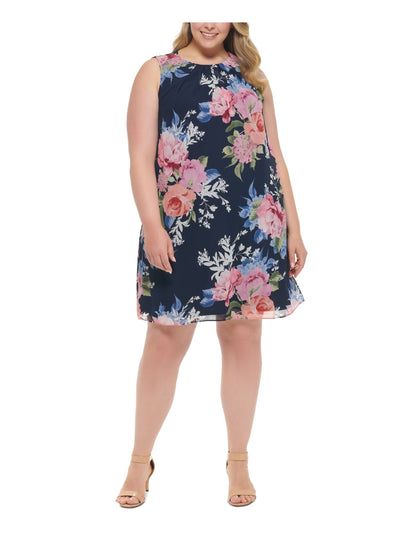 JESSICA HOWARD Womens Navy Pleated Sheer Lined Floral Sleeveless Round Neck Above The Knee Wear To Work Shift Dress Plus 18W