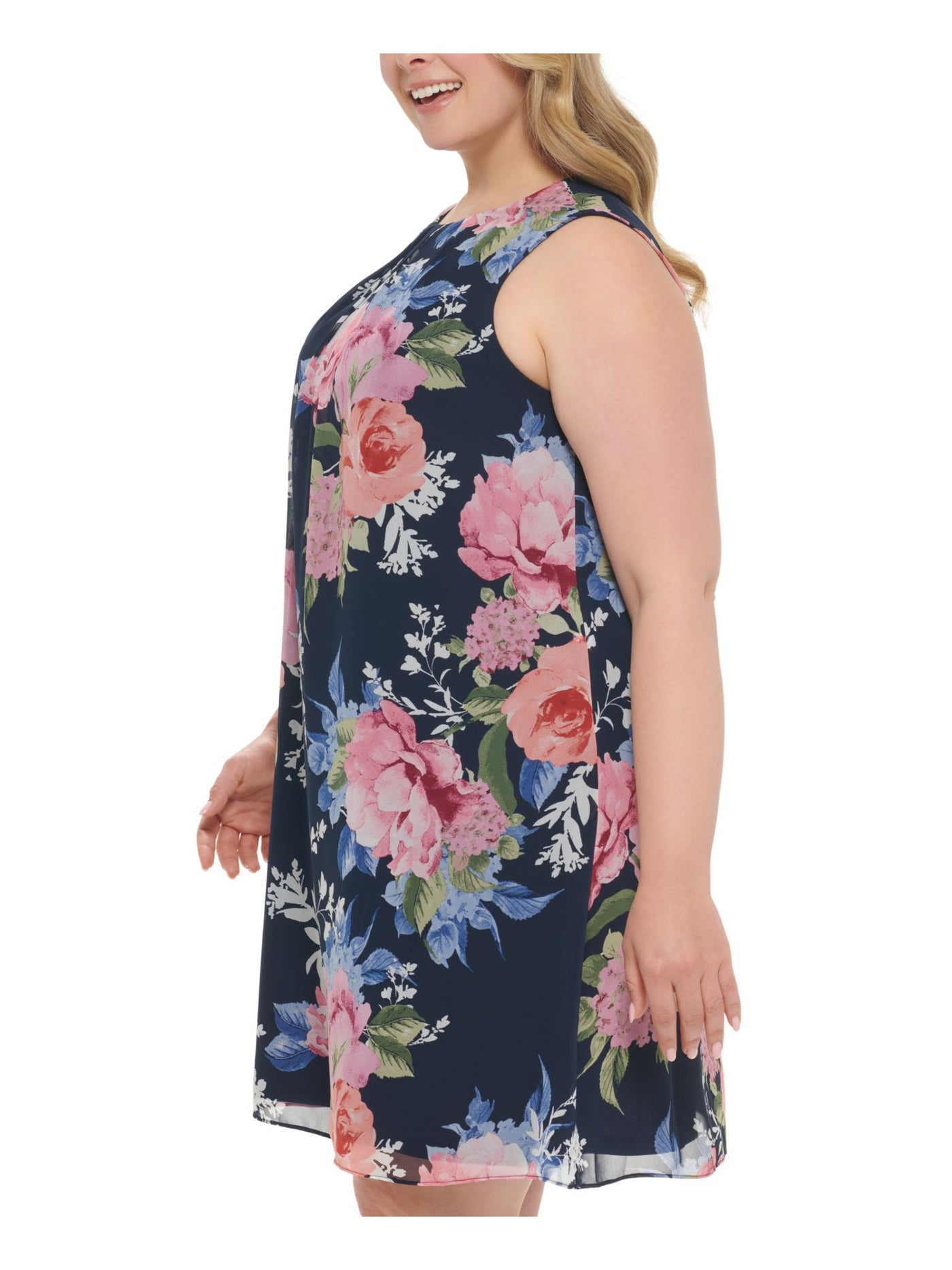 JESSICA HOWARD Womens Navy Pleated Sheer Lined Floral Sleeveless Round Neck Above The Knee Wear To Work Shift Dress Plus 18W