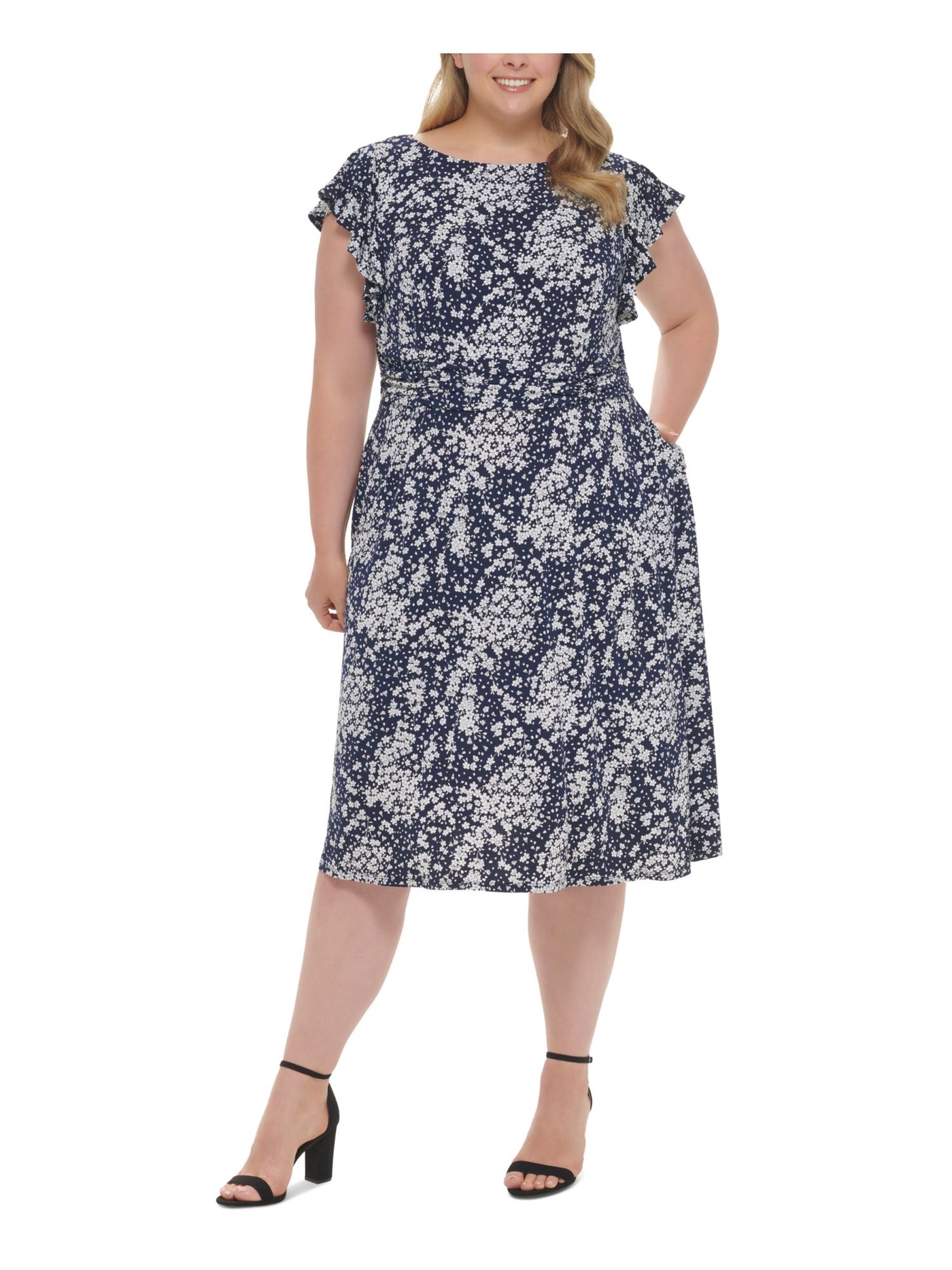 JESSICA HOWARD Womens Navy Zippered Textured Ruched Pocketed Sheer Floral Cap Sleeve Boat Neck Midi Fit + Flare Dress Plus 20W
