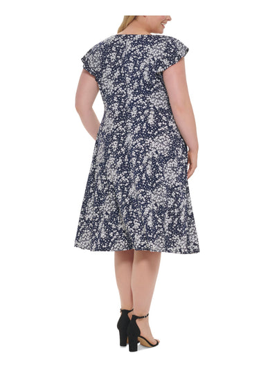 JESSICA HOWARD Womens Navy Zippered Textured Ruched Pocketed Sheer Floral Cap Sleeve Boat Neck Midi Fit + Flare Dress Plus 20W