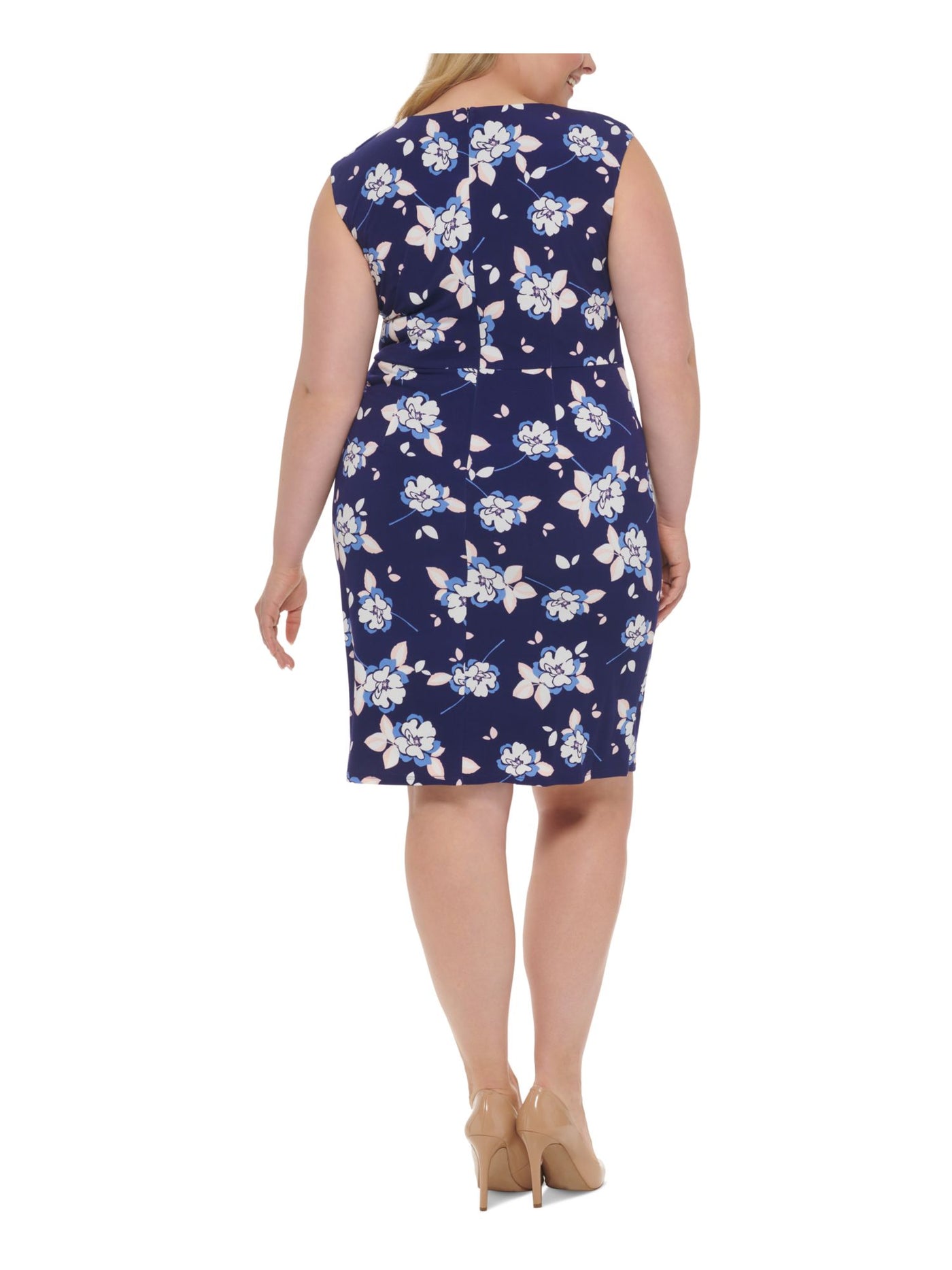 JESSICA HOWARD Womens Navy Zippered Ruched Floral Cap Sleeve Round Neck Knee Length Sheath Dress Plus 22W