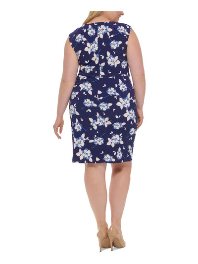 JESSICA HOWARD Womens Navy Zippered Ruched Floral Cap Sleeve Round Neck Knee Length Sheath Dress Plus 24W