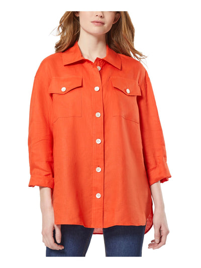 JONES NEW YORK Womens Orange Textured Pocketed Unlined Sheer Vented Round Hem Roll-tab Sleeve Collared Button Up Top S