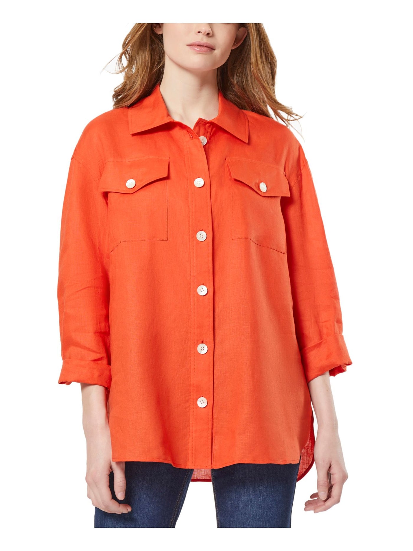 JONES NEW YORK Womens Orange Textured Pocketed Unlined Sheer Vented Round Hem Roll-tab Sleeve Collared Button Up Top M