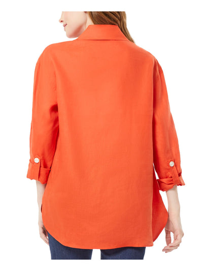 JONES NEW YORK Womens Orange Textured Pocketed Unlined Sheer Vented Round Hem Roll-tab Sleeve Collared Button Up Top S