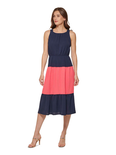 DKNY Womens Navy Gathered Sheer Elastic Waist Keyhole Closure Color Block Sleeveless Square Neck Below The Knee A-Line Dress 4