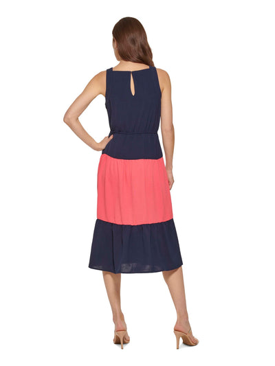 DKNY Womens Navy Gathered Sheer Elastic Waist Keyhole Closure Color Block Sleeveless Square Neck Below The Knee A-Line Dress 4
