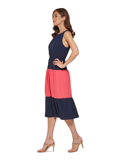 DKNY Womens Navy Gathered Sheer Elastic Waist Keyhole Closure Color Block Sleeveless Square Neck Below The Knee A-Line Dress 4