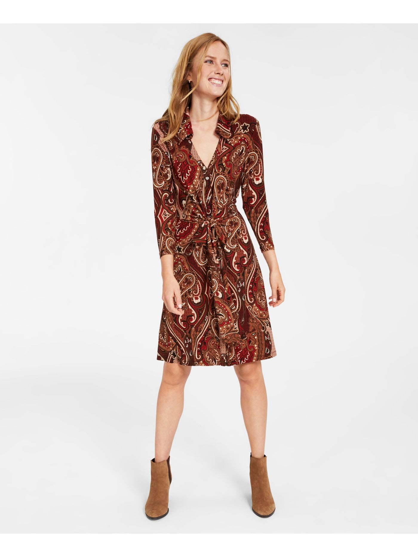 TOMMY HILFIGER Womens Brown Unlined Tie Belt Printed 3/4 Sleeve Collared Knee Length Shirt Dress 2