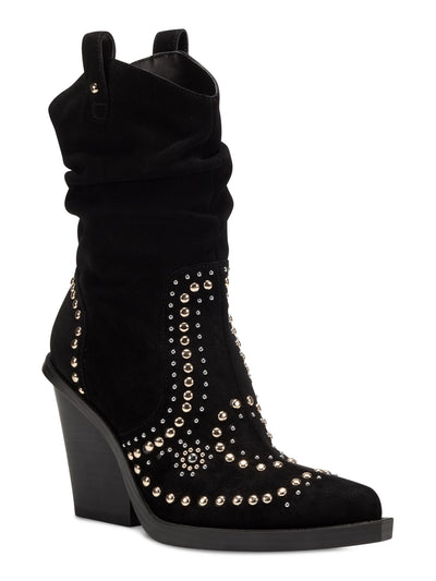 JESSICA SIMPSON Womens Black Side Pull-Tabs Studded Larna Almond Toe Stacked Heel Western Boot 8.5 M