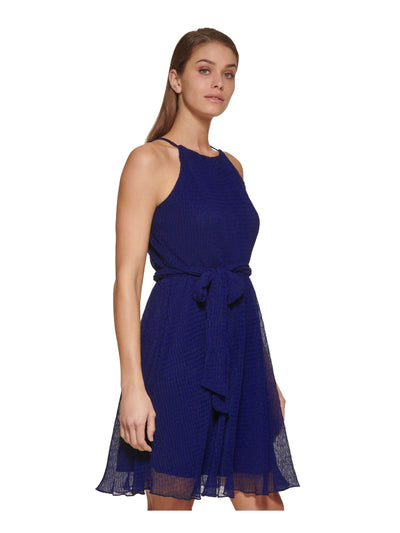 DKNY Womens Blue Zippered Textured Self-tie Belt Lined Sleeveless Halter Short Party Fit + Flare Dress Petites 12P