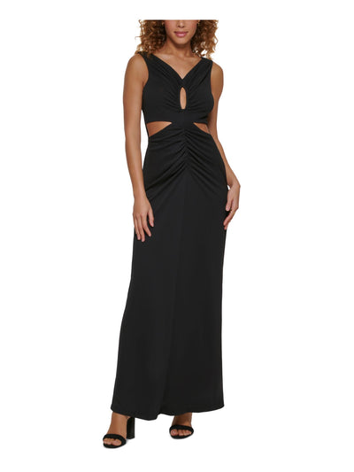 CALVIN KLEIN Womens Black Zippered Ruched Cut Outs Lined Sleeveless V Neck Full-Length Formal Gown Dress 16