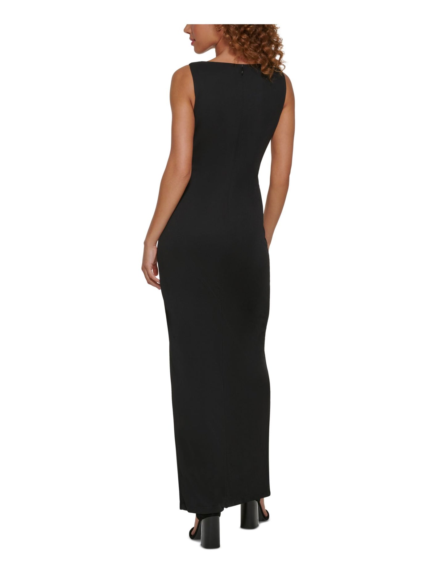 CALVIN KLEIN Womens Black Zippered Ruched Cut Outs Lined Sleeveless V Neck Full-Length Formal Gown Dress 2