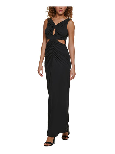 CALVIN KLEIN Womens Black Zippered Ruched Cut Outs Lined Sleeveless V Neck Full-Length Formal Gown Dress 2