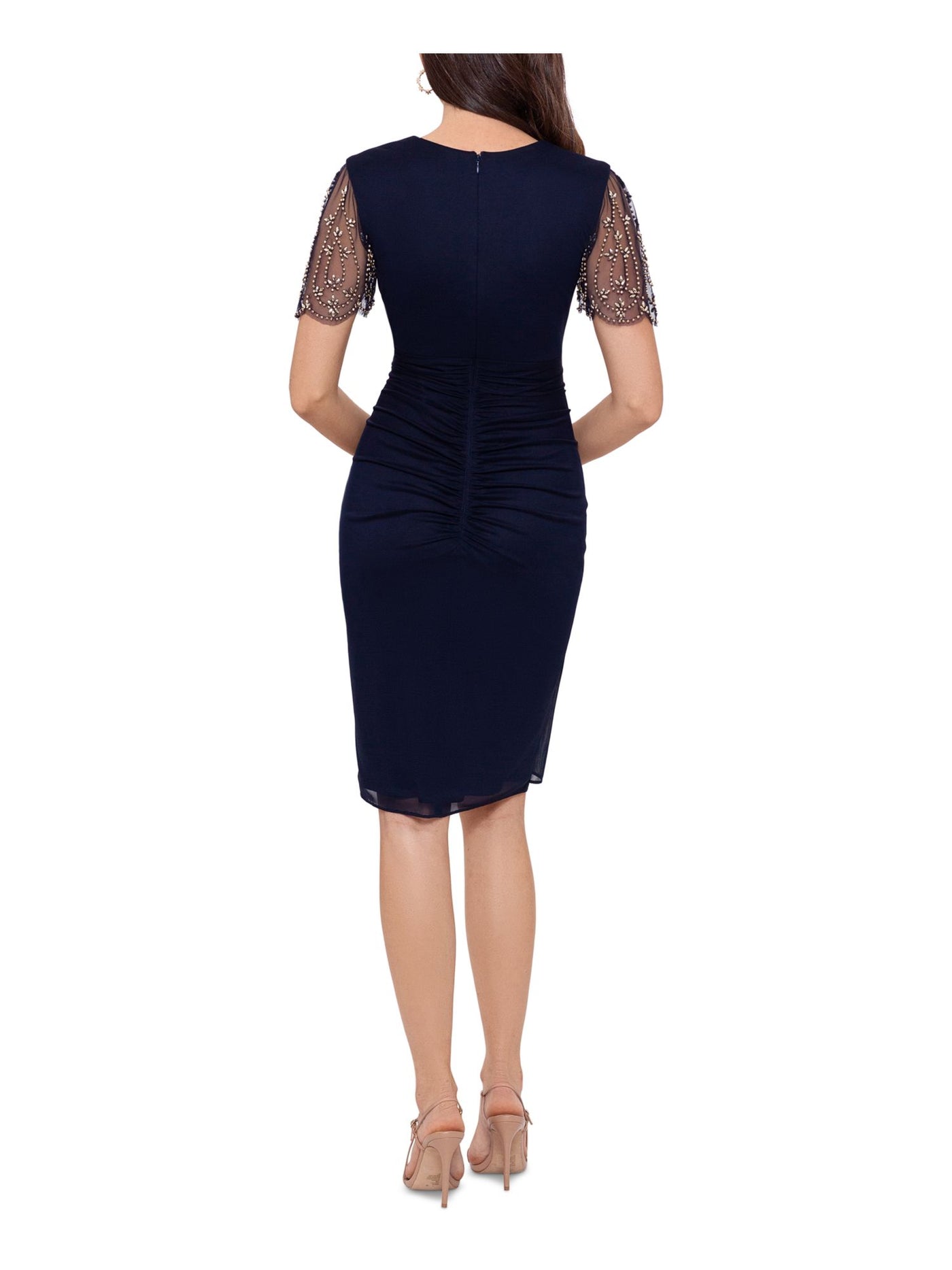 X BY XSCAPE Womens Navy Embellished Short Sleeve V Neck Knee Length Wear To Work Sheath Dress 12