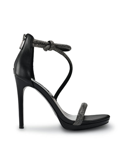 NINE WEST Womens Black Mixed Media Padded Rhinestone Ankle Strap Asymmetrical Lavern Open Toe Stiletto Zip-Up Dress Heeled Sandal 7.5 M