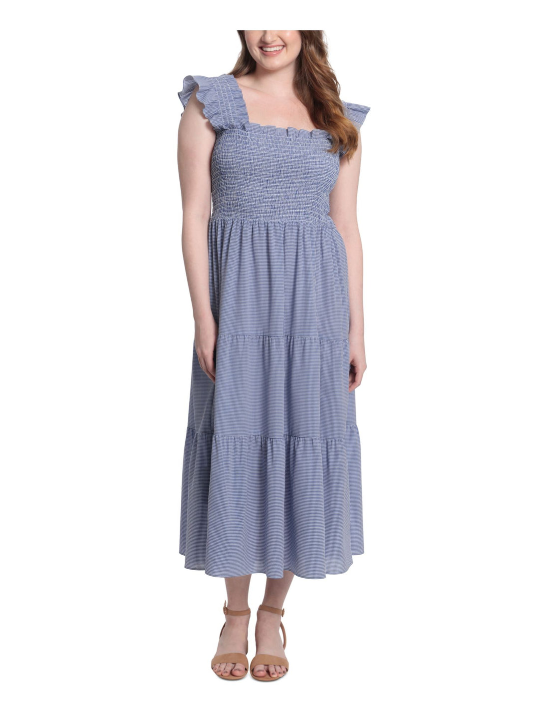 LONDON TIMES PETITES Womens Navy Smocked Ruffled Pullover Unlined Tier –  Bobbi + Bricka