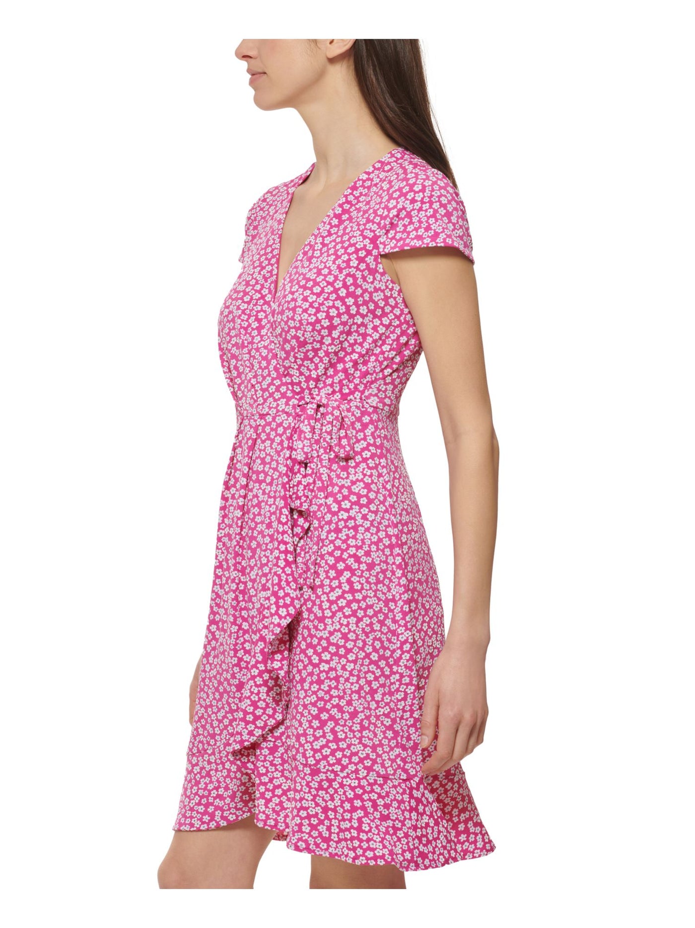 JESSICA HOWARD Womens Pink Zippered Tie Pleated Ruffled Floral Cap Sleeve V Neck Above The Knee Party Fit + Flare Dress 8