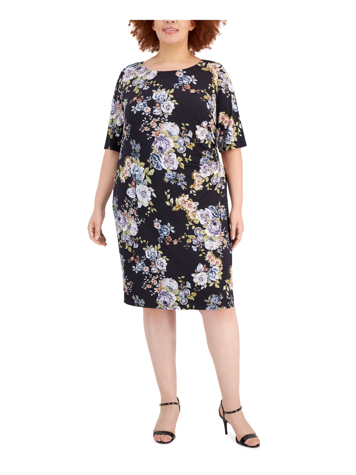 CONNECTED APPAREL Womens Purple Lined Pullover Floral Short Sleeve Round Neck Knee Length Wear To Work Sheath Dress Plus 20W