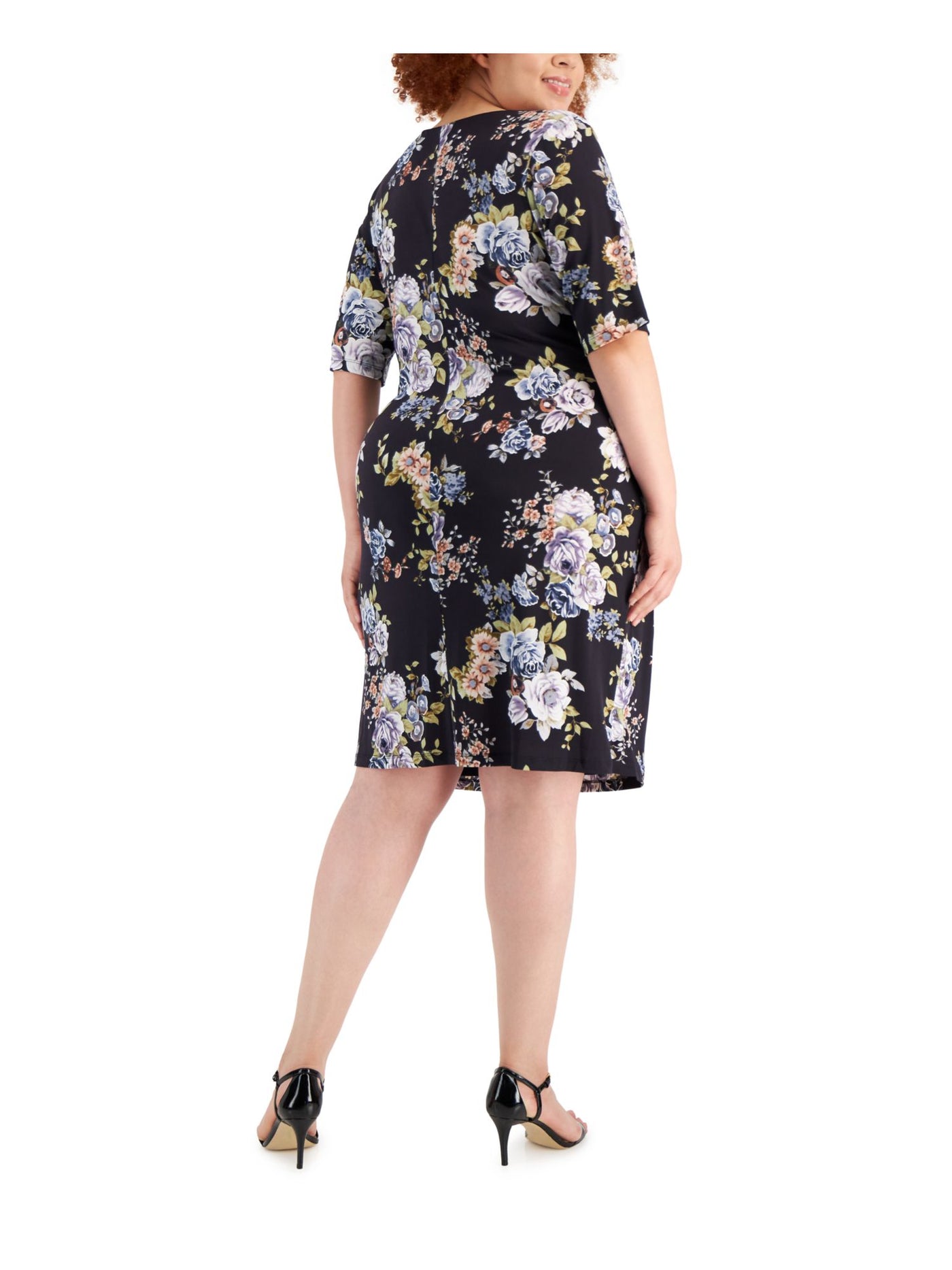 CONNECTED APPAREL Womens Purple Lined Pullover Floral Short Sleeve Round Neck Knee Length Wear To Work Sheath Dress Plus 20W