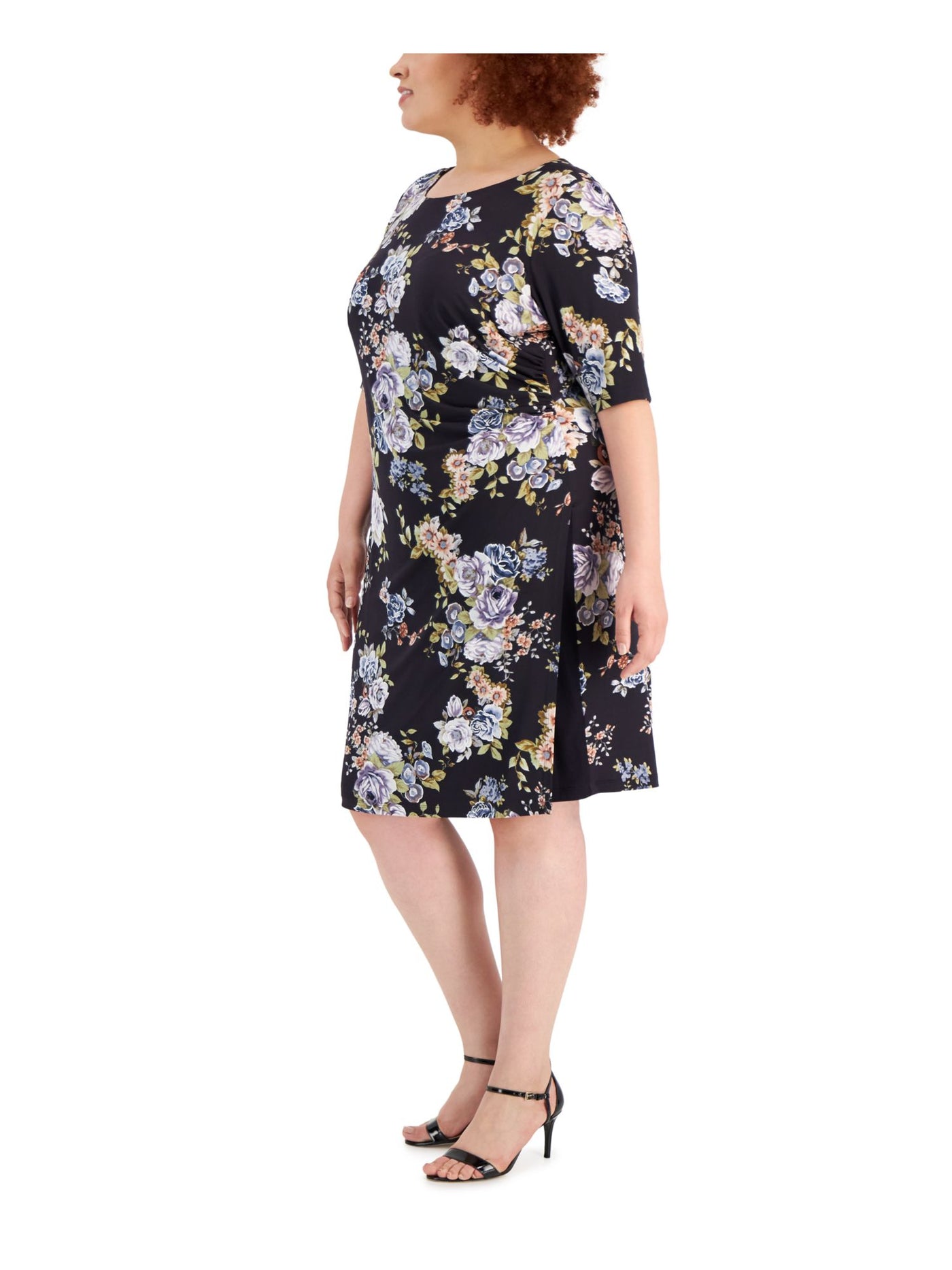 CONNECTED APPAREL Womens Purple Lined Pullover Floral Short Sleeve Round Neck Knee Length Wear To Work Sheath Dress Plus 20W