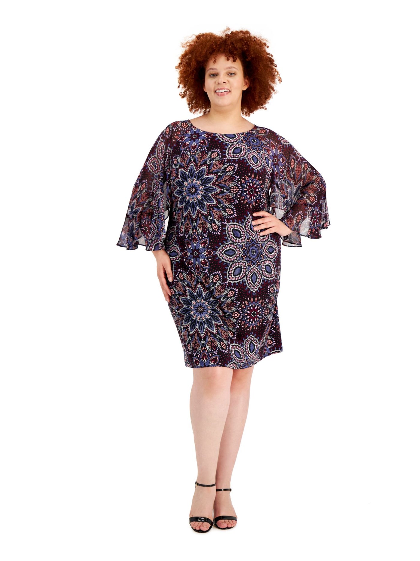 CONNECTED APPAREL Womens Purple Floral Flutter Sleeve Crew Neck Above The Knee Fit + Flare Dress Plus 18W