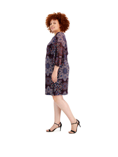 CONNECTED APPAREL Womens Purple Floral Flutter Sleeve Crew Neck Above The Knee Fit + Flare Dress Plus 18W