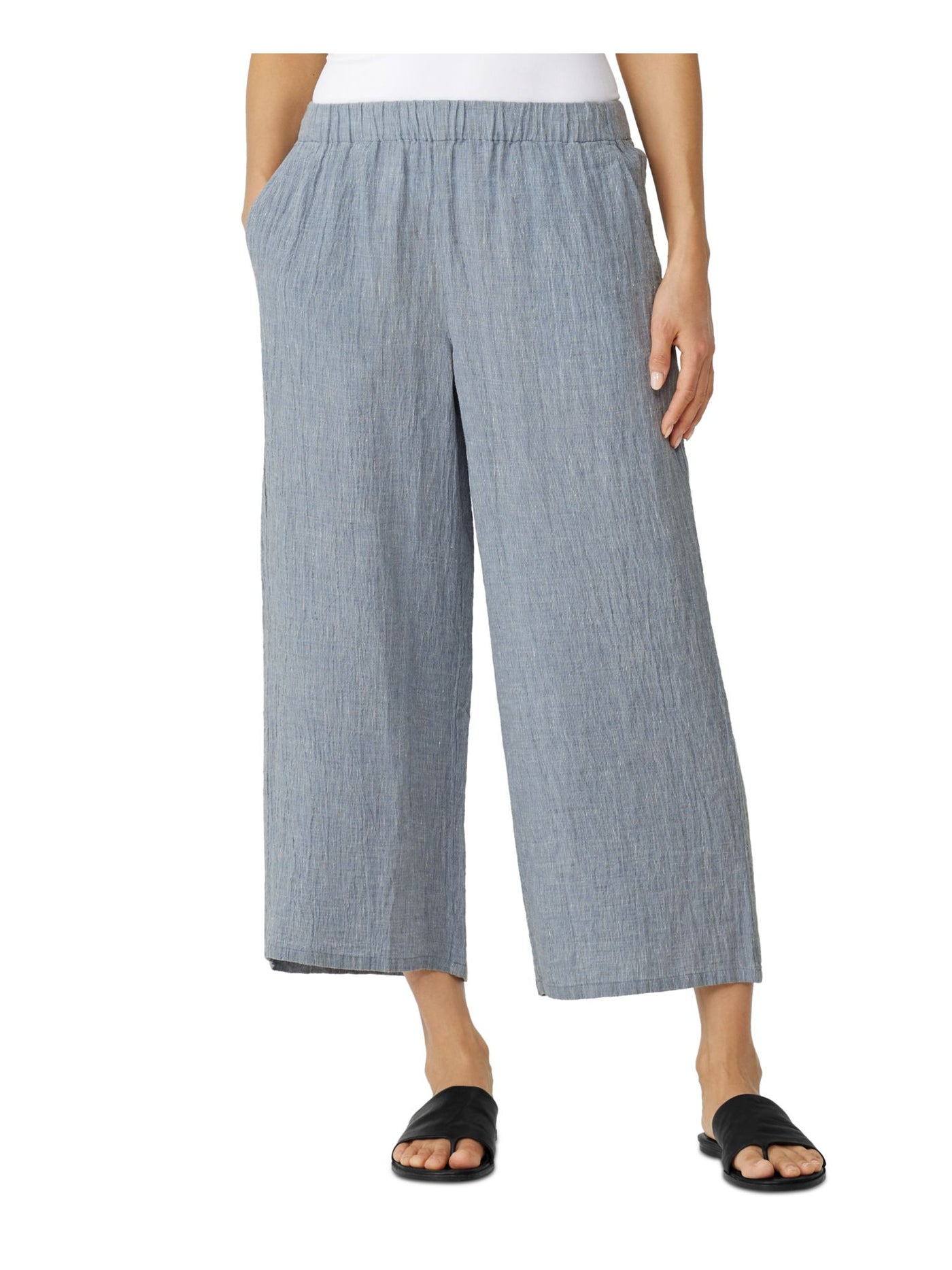 EILEEN FISHER Womens Light Blue Pocketed Elastic Waist Pull On Pinstripe Cropped Pants Petites PL
