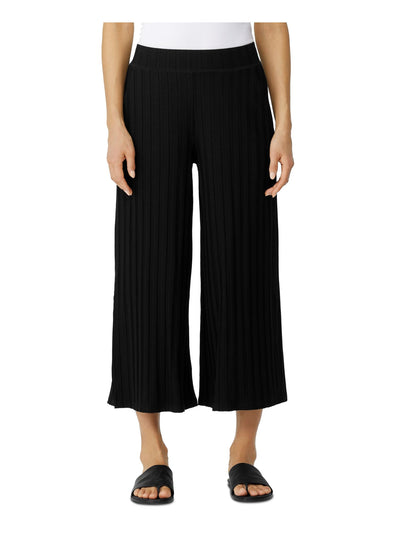 EILEEN FISHER PETITE Womens Black Ribbed Slitted Cropped Elastic Waist Wide Leg Pants Petites PS \ PP