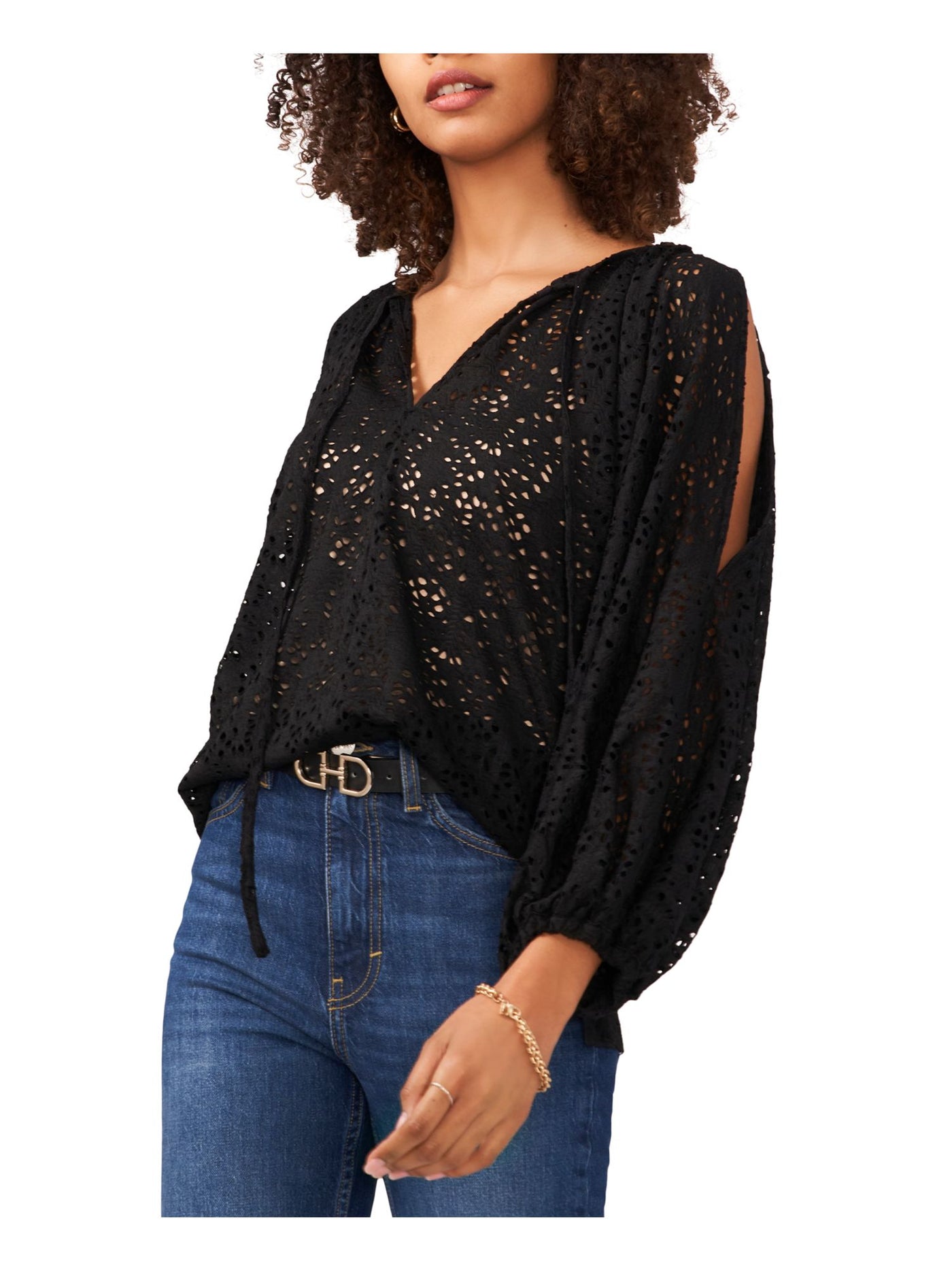 VINCE CAMUTO Womens Black Eyelet Cold Shoulder Sheer Unlined Pullover Dolman Sleeve Tie Neck Top XXS