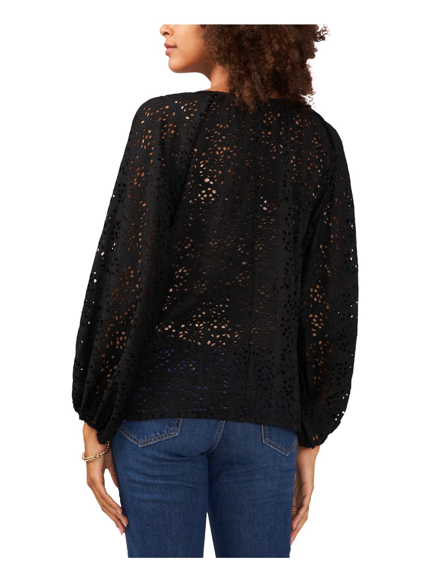 VINCE CAMUTO Womens Black Eyelet Cold Shoulder Sheer Unlined Pullover Dolman Sleeve Tie Neck Top XXS