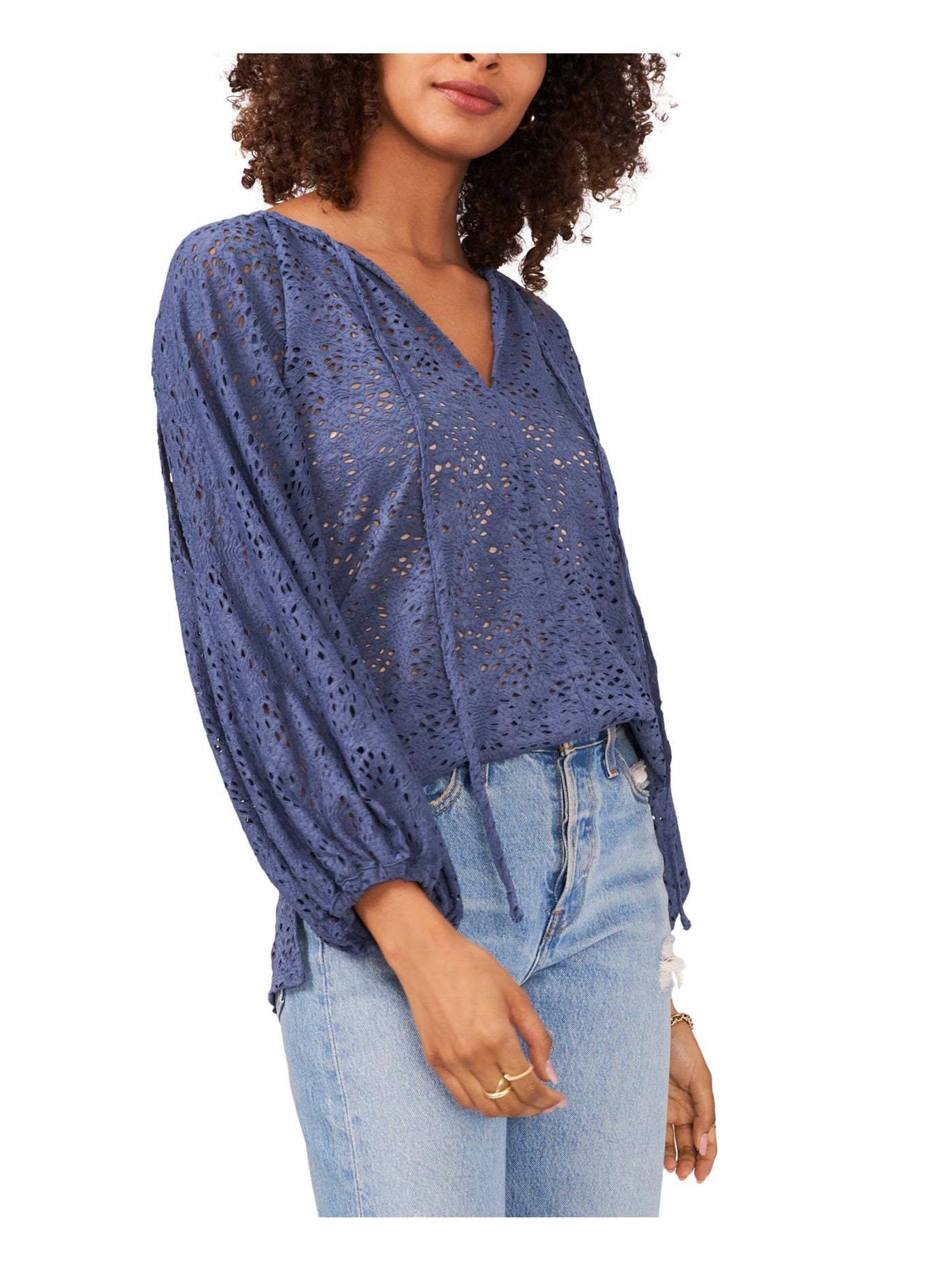 VINCE CAMUTO Womens Blue Tie Cold Shoulder Pullover Semi-sheer Unlined 3/4 Sleeve V Neck Top XS